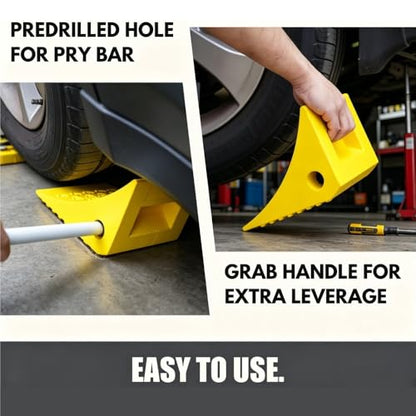 Heavy Duty Rubber Wheel Chocks (2 Pack) - Non-Slip Solid Tire Stoppers for Boat Trailer, RV, Truck, Camper - Yellow, Pre-Drilled Hole & Grab Handle(Yellow) - color: Yellow