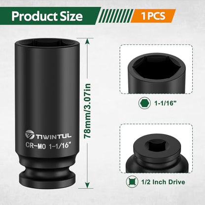 1-1/16" Deep Impact Socket 1/2 Inch Drive for Heavy Vehicles | CR-MO Steel Impact Socket, 3.07" Length, 6 Point Design, SAE Size, Axle Nut Socket for Easy Removal of Axle Shaft Nuts - size: 1-1/16" (Deep)