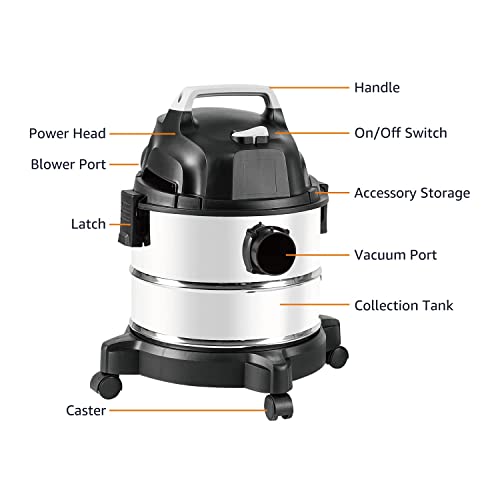 Amazon Basics Wet Dry Shop Vacuum Cleaner, 4 Gallon, 3 HP Stainless Steel, Grey/Black - size: 4 gallon Shop, 3 HP