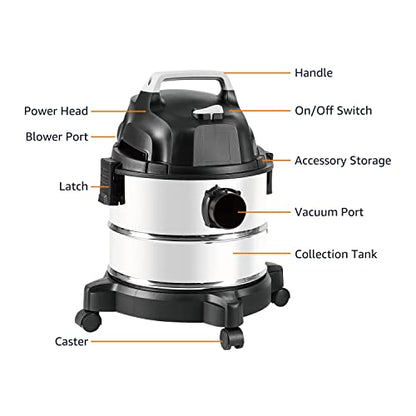 Amazon Basics Wet Dry Shop Vacuum Cleaner, 4 Gallon, 3 HP Stainless Steel, Grey/Black - size: 4 gallon Shop, 3 HP