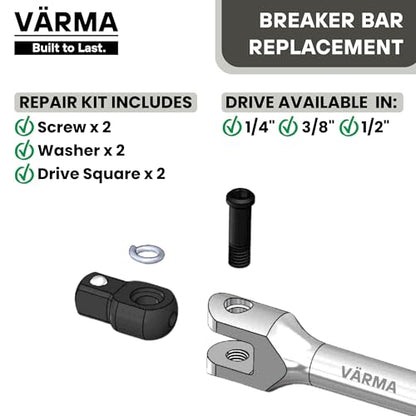 3/8" Breaker Bar Replacement Head Kit (2 PACK)– Advanced Washer-Tension Drive Head– Stays at Any Angle, No Flopping – CR-MO Breaker Bar Maintenance Pack with Drive Squares & Screws - size: 3/8" Drive