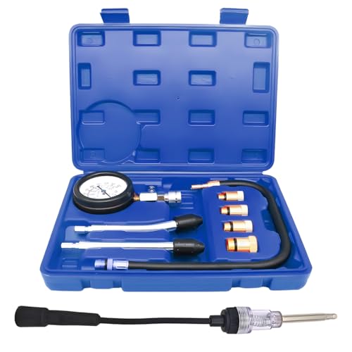 9PCS Petrol Engine Cylinder Compression Tester Kit with Spark Plug Tester, 0-20 Bar & 0-300 PSI Compression Gauge Car and Motorcycle Engine Testing Tool (Blue) - color: Blue