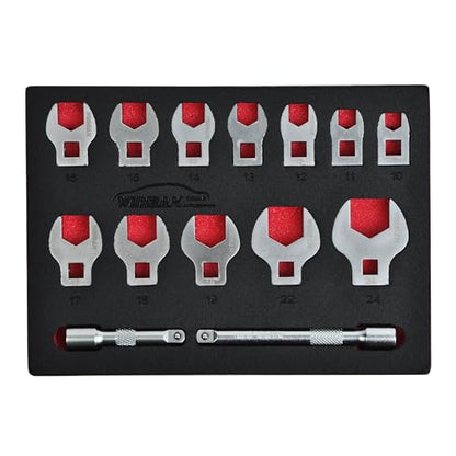 3/8" Drive Crows Foot Wrench Set, 14PCS Metric Flare Nut Crowfoot Wrench Set with 2 Extension Bars, 10-24mm
