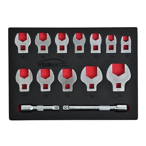 3/8" Drive Crows Foot Wrench Set, 14PCS Metric Flare Nut Crowfoot Wrench Set with 2 Extension Bars, 10-24mm