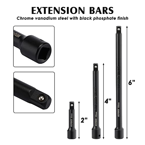 MIXPOWER 55 Pieces 1/4" Dr. Impact Socket Set, CR-V, 6 Point, SAE/Metric, 5/32 Inch - 9/16 Inch, 4mm - 15mm, Shallow/Deep, Including Adapter, Extension, Universal Joint - size: 1/4" With Accessories