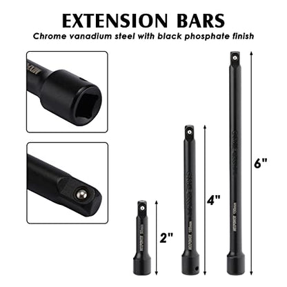MIXPOWER 55 Pieces 1/4" Dr. Impact Socket Set, CR-V, 6 Point, SAE/Metric, 5/32 Inch - 9/16 Inch, 4mm - 15mm, Shallow/Deep, Including Adapter, Extension, Universal Joint - size: 1/4" With Accessories