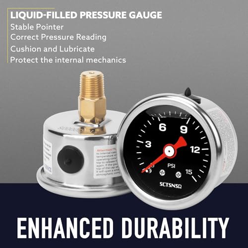 0-15 Psi Fuel Pressure Gauge, 1.5" Black Dial, 1/8" NPT Back Mount, Stainless Steel Case, Glycerin Liquid Filled, Inline Low Pressure Gauge, for Oil Water Air Pressure Test - size: 0-15 Psi, style: Back Mount (Black Dial)