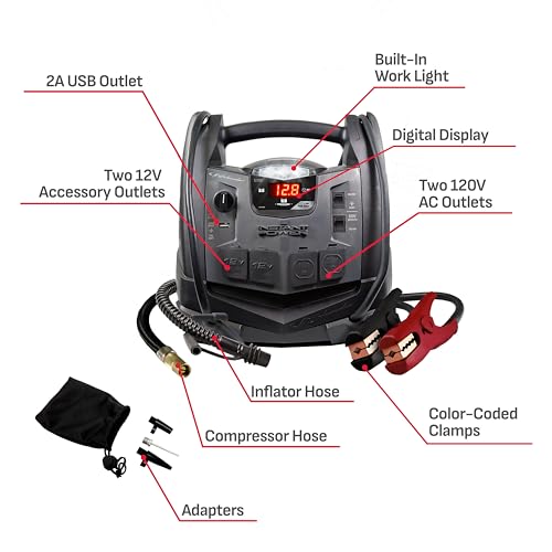 Schumacher Electric 1200A Car Battery Jump Starter and Portable Power Station, 6-in-1 Solution for 12V Batteries, 150-PSI Air Compressor, 200 Continuous/400 Peak Watt Inverter, SJ1332