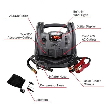 Schumacher Electric 1200A Car Battery Jump Starter and Portable Power Station, 6-in-1 Solution for 12V Batteries, 150-PSI Air Compressor, 200 Continuous/400 Peak Watt Inverter, SJ1332