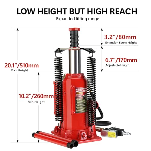 Pneumatic Air Hydraulic Bottle Jack, 12 Ton//24,000 LBS All Welded Bottle Jack, 10.2-20.1 inch Lifting Range, with Manual Hand Pump & Handle,Heavy Duty Auto Truck Travel Trailer Repair Lift - color: Red, size: 12Ton