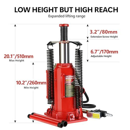 Pneumatic Air Hydraulic Bottle Jack, 12 Ton//24,000 LBS All Welded Bottle Jack, 10.2-20.1 inch Lifting Range, with Manual Hand Pump & Handle,Heavy Duty Auto Truck Travel Trailer Repair Lift - color: Red, size: 12Ton