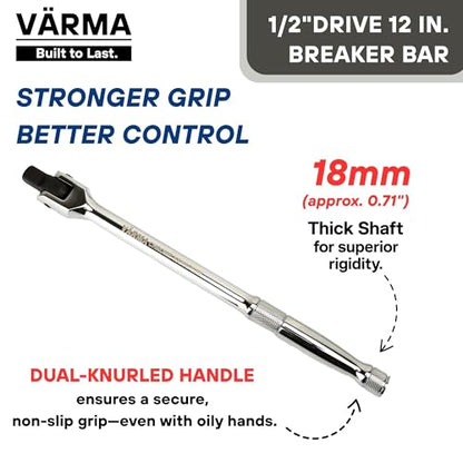 1/2-Inch Drive Breaker Bar, 12-Inch – Heavy Duty CR-MO Head & 18mm Thick Shaft – Dual-Knurled Non-Slip Grip, Constant Tension Flex Head, Premium Mirror Chrome Finish - size: 1/2" Drive x 12"