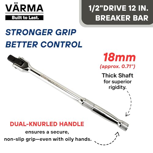 1/2-Inch Drive Breaker Bar, 12-Inch – Heavy Duty CR-MO Head & 18mm Thick Shaft – Dual-Knurled Non-Slip Grip, Constant Tension Flex Head, Premium Mirror Chrome Finish - size: 1/2" Drive x 12"