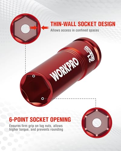 WORKPRO 1/2" Drive Lug Nut Impact Duty Socket, 21mm Deep Thin Wall Socket, Made of Premium Cr-Mo Steel, Non-Marring Lug Nut Wheel Sockets for Car - size: 1/2" DR x 21mm