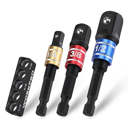 WORKPRO Impact Grade Socket Adapter Set, 1/4", 3/8", & 1/2" Drive, Extension Driver Bit With Holder, for Power Drill to High Torque Impact Wrench - style: 3PCS