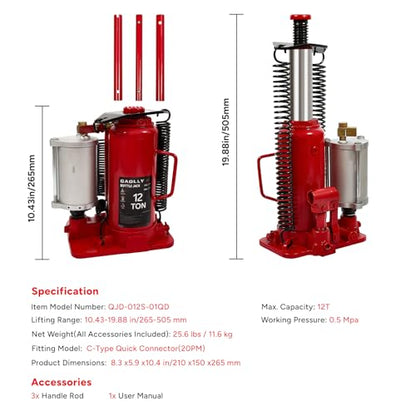 Air Hydraulic Bottle Jack, 12 Ton (26455) lbs Hydraulic Bottle Jack with 10.43''-19.88'' Lifting Range & Manual Hand Pump, for Pickup, Truck, RV, Auto Repair - color: 12 Ton