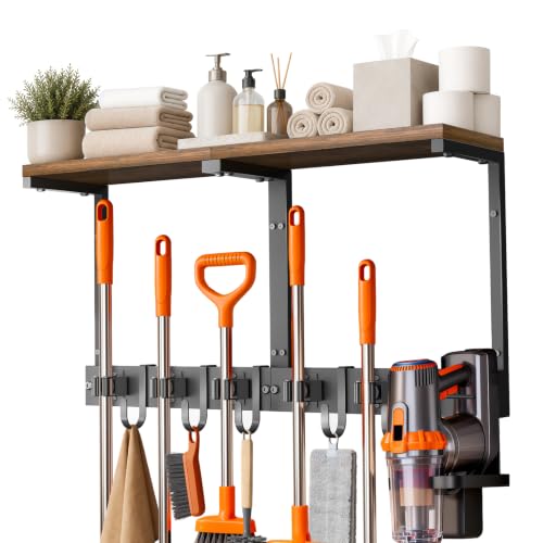 Large Broom Holder Wall Mount with Shelf, Vacuum Organizer, 5 Slots 5 Hooks | Black, 3-In-1 Wall Mount Stores Brooms/Mops/Vacuum, Cleaning Supplies With 5 Grippers/5 Hooks And A Sturdy Wooden Top Shelf - color: Black, size: Large
