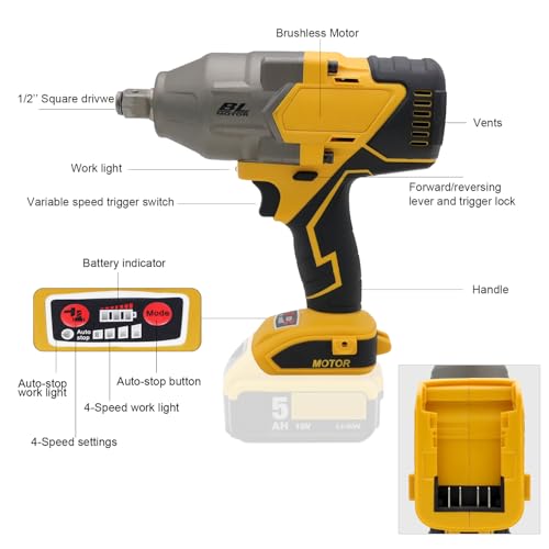 1100 ft-lbs(1500Nm) maximum torque, 20V 3/4 inch cordless impact wrench-brushless, 4-speed adjustment, automatic start and stop.(Host only/Without battery). - size: 3/4 1500Nm