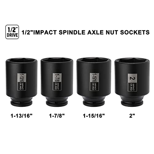 Mayouko 4PCS 1/2" Drive Spindle Axle Nut Impact Socket Set, 1-13/16, 1-7/8, 1-15/16, 2 Inch, CR-MO, Deep, 6 Point - size: 4PCS:1-13/16" - 2"(Deep)
