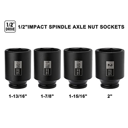 Mayouko 4PCS 1/2" Drive Spindle Axle Nut Impact Socket Set, 1-13/16, 1-7/8, 1-15/16, 2 Inch, CR-MO, Deep, 6 Point - size: 4PCS:1-13/16" - 2"(Deep)