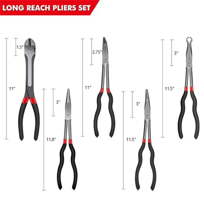 TOOLEAGUE 5Pcs Extra Long Needle Nose Pliers Set, 11" Long Reach Straight,45/90 Degree Bent Nose,Diagonal Pliers and O-shape Tip Craft Repairing Tool - size: 5pcs,11"