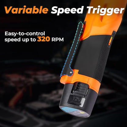 3/8" Cordless Ratchet Wrench, Compact 12V Kit, Orange1 | Electric socket wrench for light to medium DIY and garage jobs with LED light, safety lock, 2 batteries, 7 sockets and case