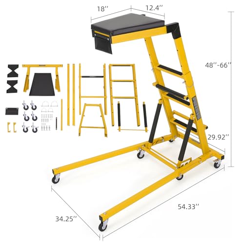 DEXSO Topside Automotive Engine Creeper - 400LBS Capacity, Adjustable Height 48"-66", Foldable Design with 6 Swivel Casters, Thickened Cushion & Tool Pouch (Yellow) - color: Yellow
