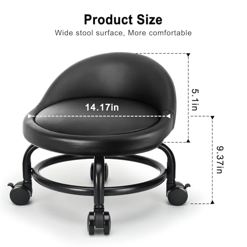 Rolling Stool with Backrest Low Height Rolling Stools, Low Roller Stool Chair, Roller Seats for Home, Office, Garage, Shop, Library