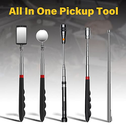 Magnetic Pickup Tool Set with 15lb & 1lb Pick Up Rod, Round & Square 360 Swivel Adjustable Inspection Mirror, Telescoping Flexible Flashlight, Dad Gifts, Birthday Gifts for Men Dad Husband - style: Black Magnetic Tool Set