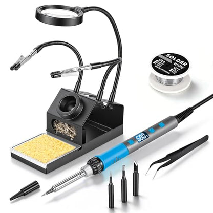 Soldering Iron Kit, 100W High Power LCD Digital Solder Iron Pen, Fast Heating Soldering Tool with Magnifying Glass and Helping Hands, Iron Tips, Solder Wire, Tweezer, Automatic Sleep Mode - color: Blue