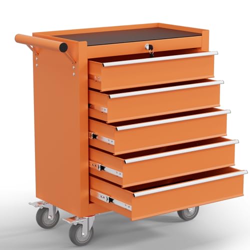 5-Drawer Tool Chest,Rolling Tool Cart with Wheels,High Capacity Tool Cabinet with Locking System for Garage, Warehouse, Workshop-Orange - color: Orange, size: 5 Drawer
