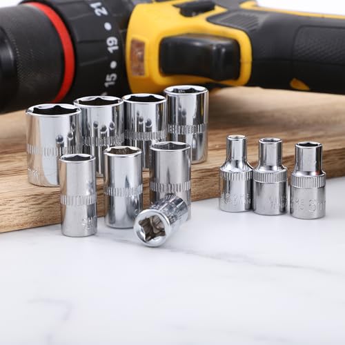 11 Piece Silver Carbon Steel Socket Set, 1/4" 6-Point Drive Metric Socket Set, Metric Sizes 14-4mm, Durable Corrosion-Resistant for Mechanical Repairs