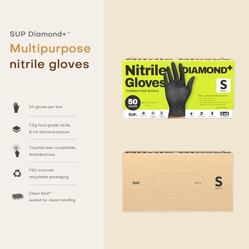 SUPER+ HEAVY DUTY Nitrile Gloves 8 Mil Diamond Texture Disposable Chemical Resistant Powder &Latex Free Food Safe Black 50 Ct - color: Smal (Iron-grey)