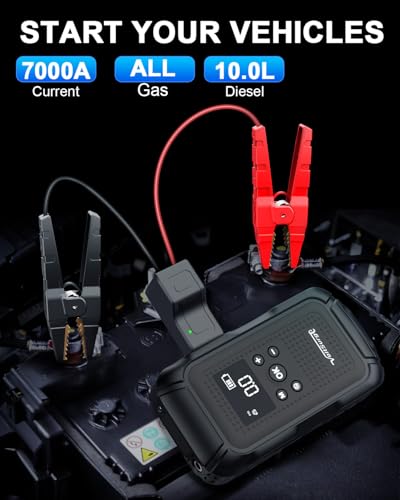 7000A Jump Starter with Air Compressor (All Gas/10.0L Diesel), 12V Jumper Starter Pack with 150PSI Auto Tire Inflator, Car Battery Jump Box Portable with LCD Display & LED Light