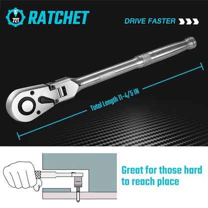 DURATECH 1/2" Drive Flex-Head Ratchet | 72-Tooth Ratchet Wrench, Quick-release, Reversible Switch, Full-Polished Chrome Plating, Alloy Steel - size: 1/2" Drive