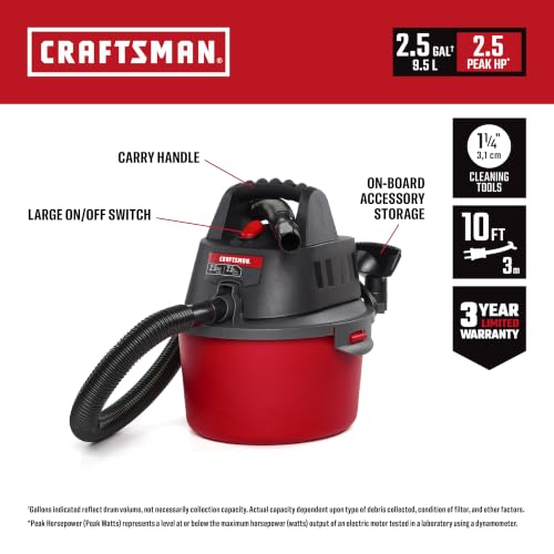 CRAFTSMAN CMXEVBE17250 2.5 Gallon 2.5 Peak HP Wet Dry Shop Vacuum