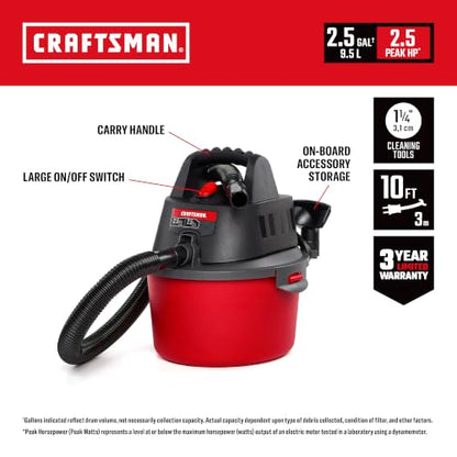 CRAFTSMAN CMXEVBE17250 2.5 Gallon 2.5 Peak HP Wet Dry Shop Vacuum