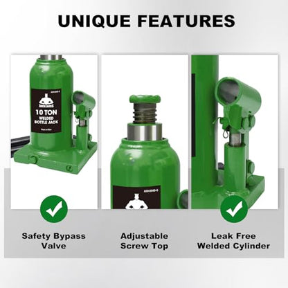 Jack Boss Bottle Jack 10 Ton (20,000 LBs) Hydraulic Car Jack, Fit for Auto Truck Repair and House Lift, Green - color: Green, size: 10 TON