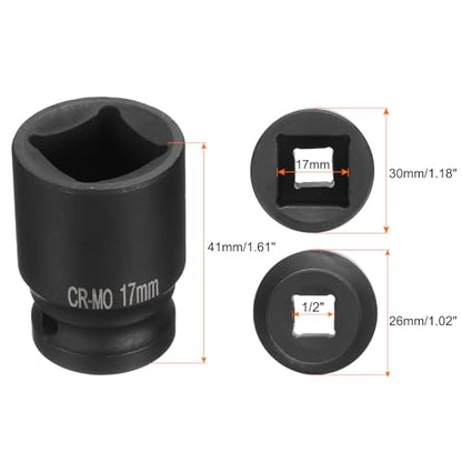 HARFINGTON 2pcs 4 Point Square Socket 1/2" Drive 17mm Metric Square Impact Socket CR-MO Blackening Standard Wheel Sockets Pneumatic Socket Tool for Auto Repair Mechanical Maintenance Home Use - size: 17mm