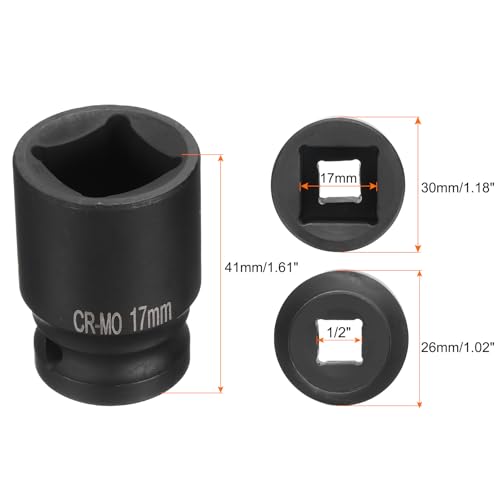 HARFINGTON 4 Point Square Socket 1/2" Drive 17mm Metric Square Impact Socket CR-MO Blackening Standard Wheel Sockets Pneumatic Socket Tool for Auto Repair Mechanical Maintenance Home Use - size: 17mm