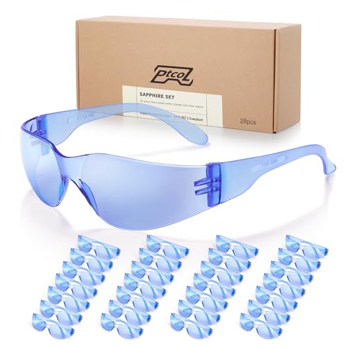 28 Pack Safety Glasses BLUE Tinted (Bulk Pack of 24+4) Unisex Anti-Scratch Protective Goggles Impact Resistant Lens Eyewear with ANSI Z87.1 Certified for Construction, Shooting and Laboratory - color: Blue Tinted Lens, size: 28 Pack Adult Size