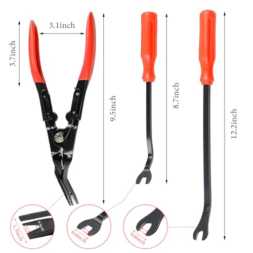 3 PCS Auto Clip Pliers Set and Fastener Remover, Car Trim Removal Tool Pry Tool Kit with Storage Bag, Door Panel Upholstery Fastener Rivet Remover Kit, Car Accessories (Red) - color: Red