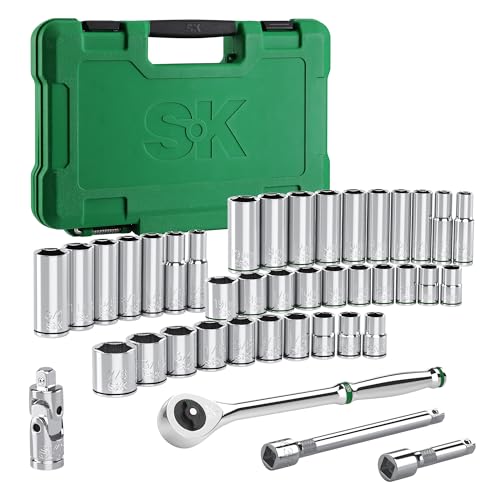 SK 3/8" Drive Socket Set with 216-P Ratchet, SAE & Metric, CR-V Steel | 41-Piece Sockets with Quick-Release Ratchet, SuperKrome Finish, Heat Treated, with Storage Suitcase - size: 3/8" Drive
