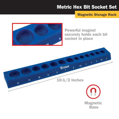 Titan 85531 13-Piece Metric Hex Bit Socket Set, Magnetic Socket Organizer with Laser-Etched Size Markings - style: New SAE Hex