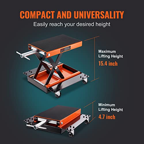 VEVOR Motorcycle Lift 1100lbs ATV Scissor Lift Jack with Dolly & Hand Crank | Garage Repair Center Hoist Crank Stand with Wide Deck and Tool Tray for Street Bikes, Cruiser Bikes, Touring Motorcycles | Garage Repair Center Hoist Crank Stand with Wide Deck