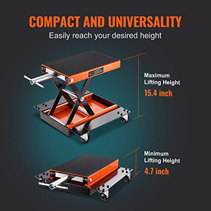 VEVOR Motorcycle Lift 1100lbs ATV Scissor Lift Jack with Dolly & Hand Crank | Garage Repair Center Hoist Crank Stand with Wide Deck and Tool Tray for Street Bikes, Cruiser Bikes, Touring Motorcycles | Garage Repair Center Hoist Crank Stand with Wide Deck
