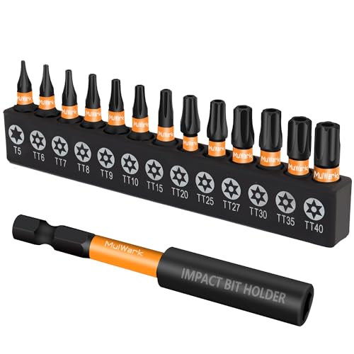 MulWark 14-Piece Security Torx Bit Set – T5-T40 Star Bits Set, 1'' S2 Steel Tamper-Resistant Bits with Magnetic Bit Holder, 1/4" Hex Shank – Christmas Gift, Holiday Tool Set, Xmas Stocking Stuffer - style: 1” Torx Bits 14 PCs