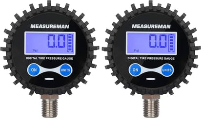 MEASUREMAN 2-1/2" Dial Size Digital Air Pressure Gauge with 1/4'' NPT Bottom Connector and Protective Boot, 0-60psi, Accuracy 1%, Battery Powered, with LED Light (Pack of 2) - size: Long thread (Pack of 2), style: 0-60psi