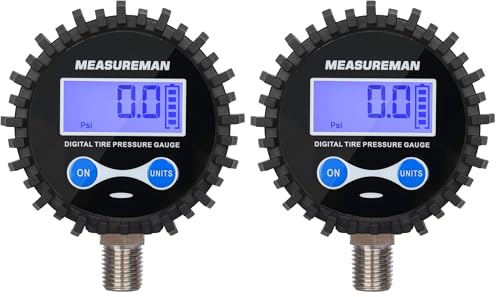MEASUREMAN 2-1/2" Dial Size Digital Air Pressure Gauge with 1/4'' NPT Bottom Connector and Protective Boot, 0-200psi, Accuracy 1%, Battery Powered, with LED Light (Pack of 2) - size: Long thread (Pack of 2), style: 0-200psi