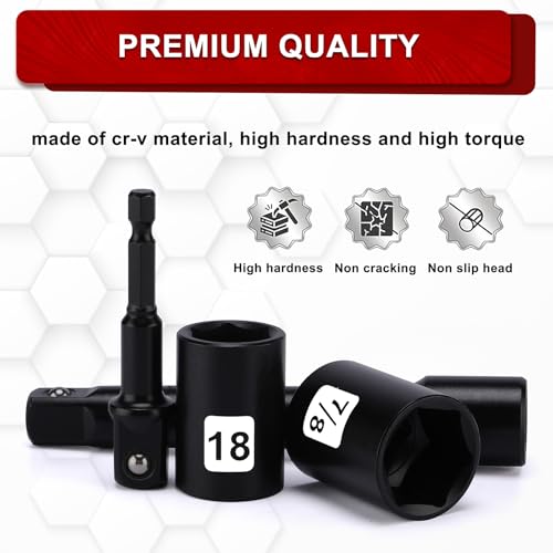 1/2" Drive Impact Socket Set, 23-Piece Shallow Socket, SAE (7/16 to 1-Inch) & Metric (13-24 mm) Sizes, Ratchet Handle, Adapter, CR-V Steel